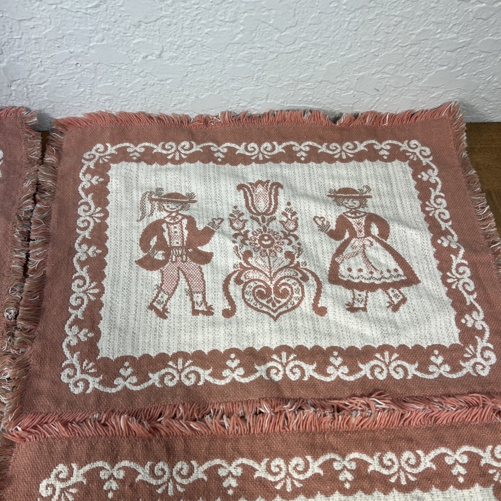 Vintage‎ Set Of 4 Austrian Placemats Pink Fringe Woven Folk Art Cotton/Linen - Picture 8 of 15
